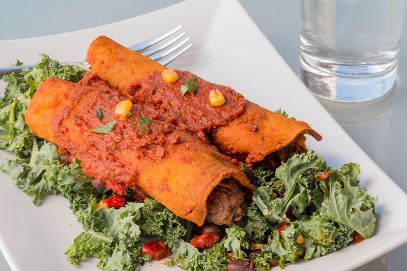 Veggie bean and rice burrito with fresh toppings